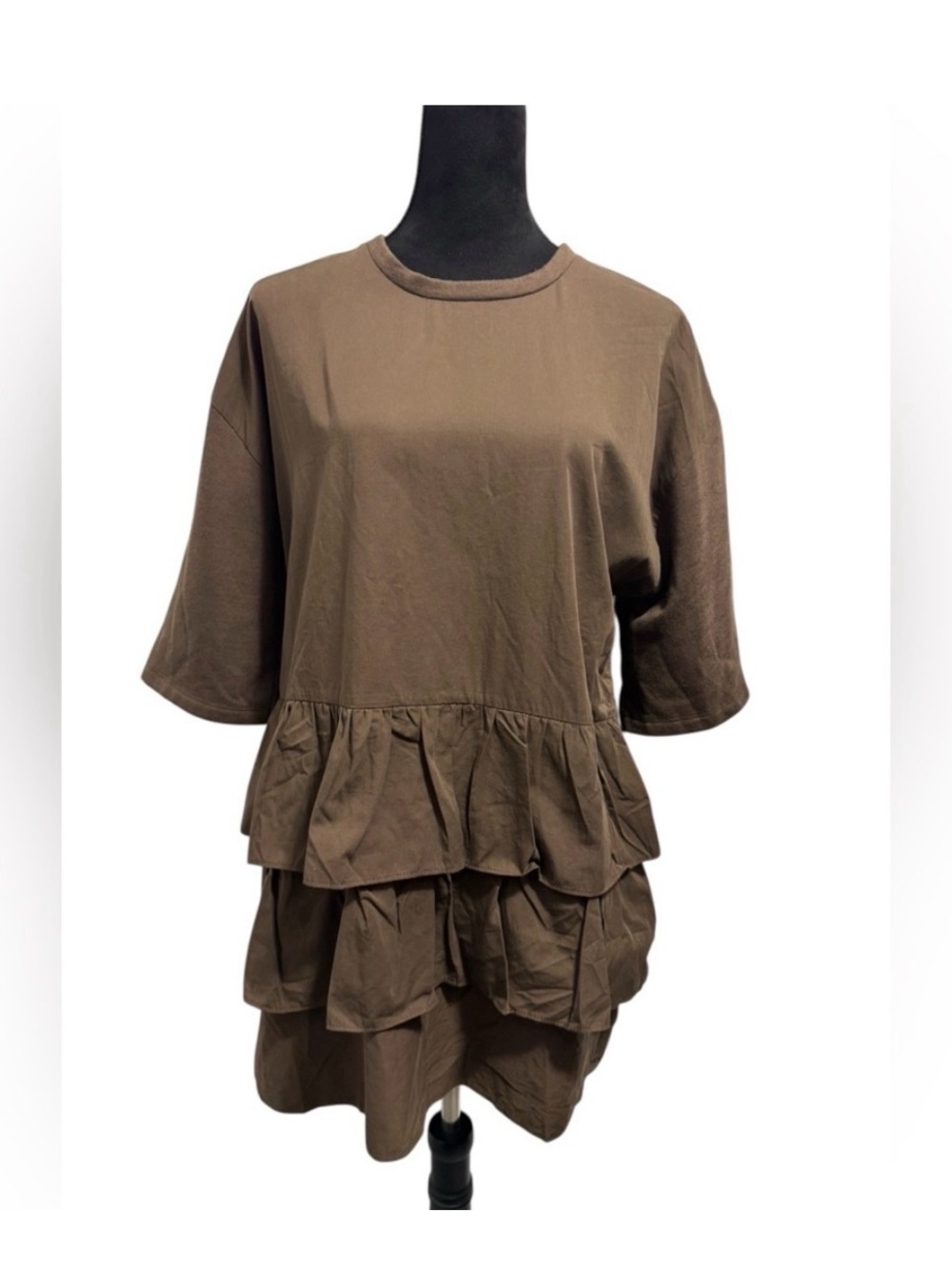 ZARA Olive Brown Ruffle Knit Mini Sweater Dress - Size Medium